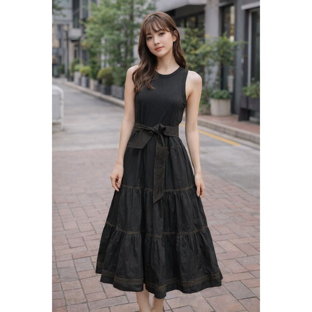 Veronica Beard Austyn Tie Waist Tiered Tank Midi Dress Black Size M NWT